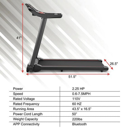 COSTWAY 7.5MPH Folding Treadmill, Portable Electric Superfit Treadmill W/APP Control, 12 Preset Programs, Blue Tooth Speaker, LED Display, Walking Running Machine for Home Office