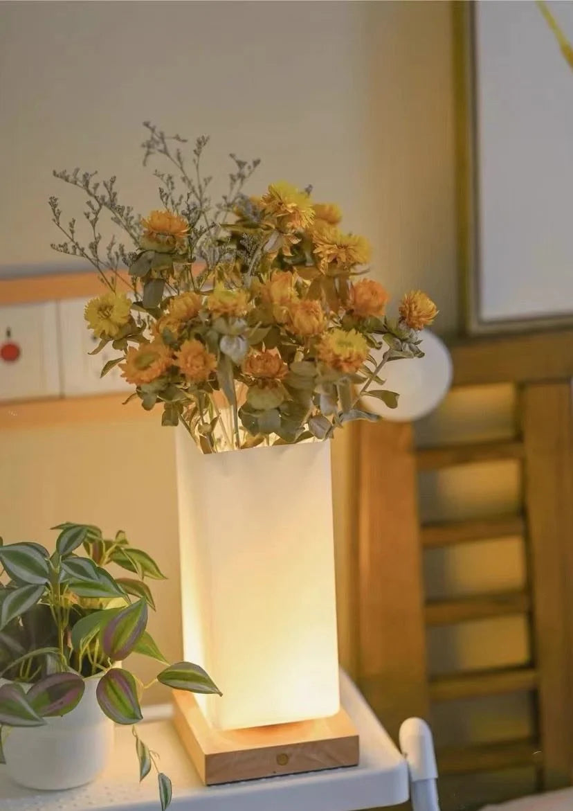 Dimmable Flower Vase beside Decorative Table Lamp for Rustic Home